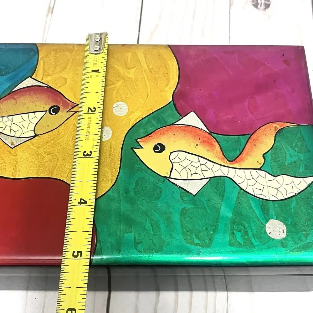 Vintage MCM Lacquer Jewelry Box Abstract Fish Colorful Retro Mirror Red Velvet